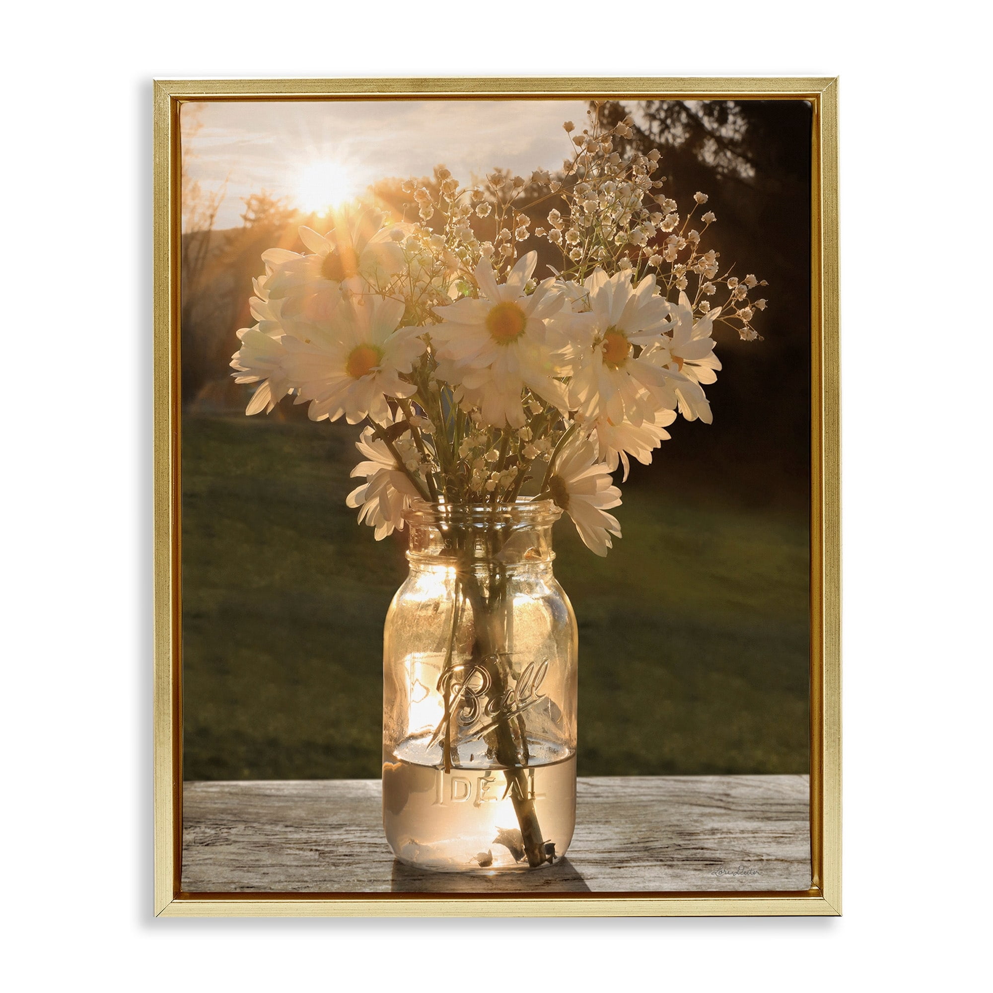 Stupell Industries Warm Meadow Daisies Mason Jar Rural Picnic Flowers Metallic Gold Framed Floating Canvas Wall Art, 16x20, by Lori Deiter