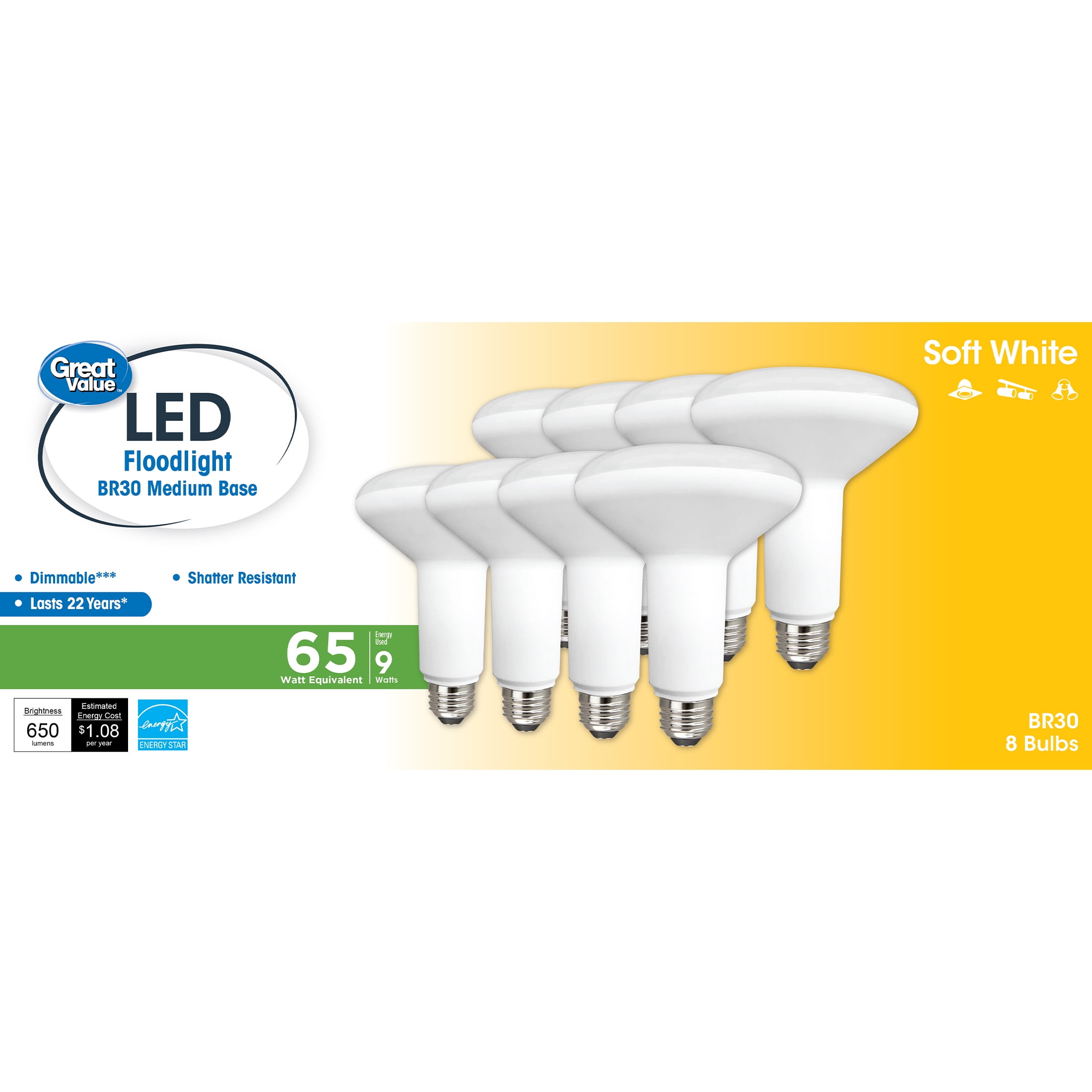 Great Value LED Light Bulb, 9W (65W Equivalent) BR30 Floodlight Lamp E26 Medium Base, Dimmable, Soft White, 8-Pack