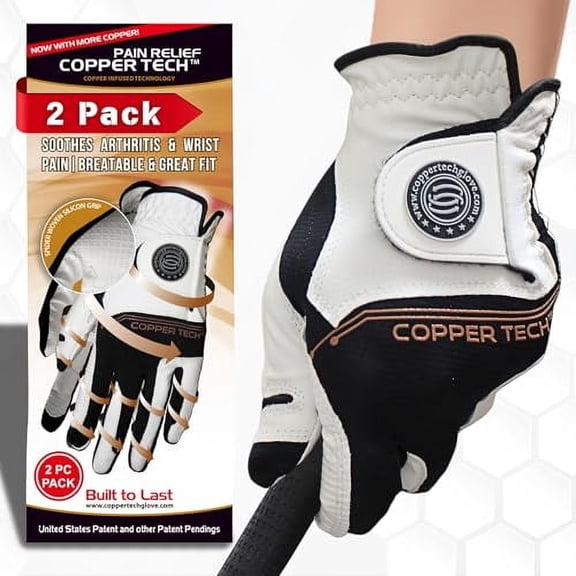 Copper Tech Golf Gloves Men (2 Pack) | Copper Compression Joint Support | Flexible & Comfortable Fit with AAA Leather