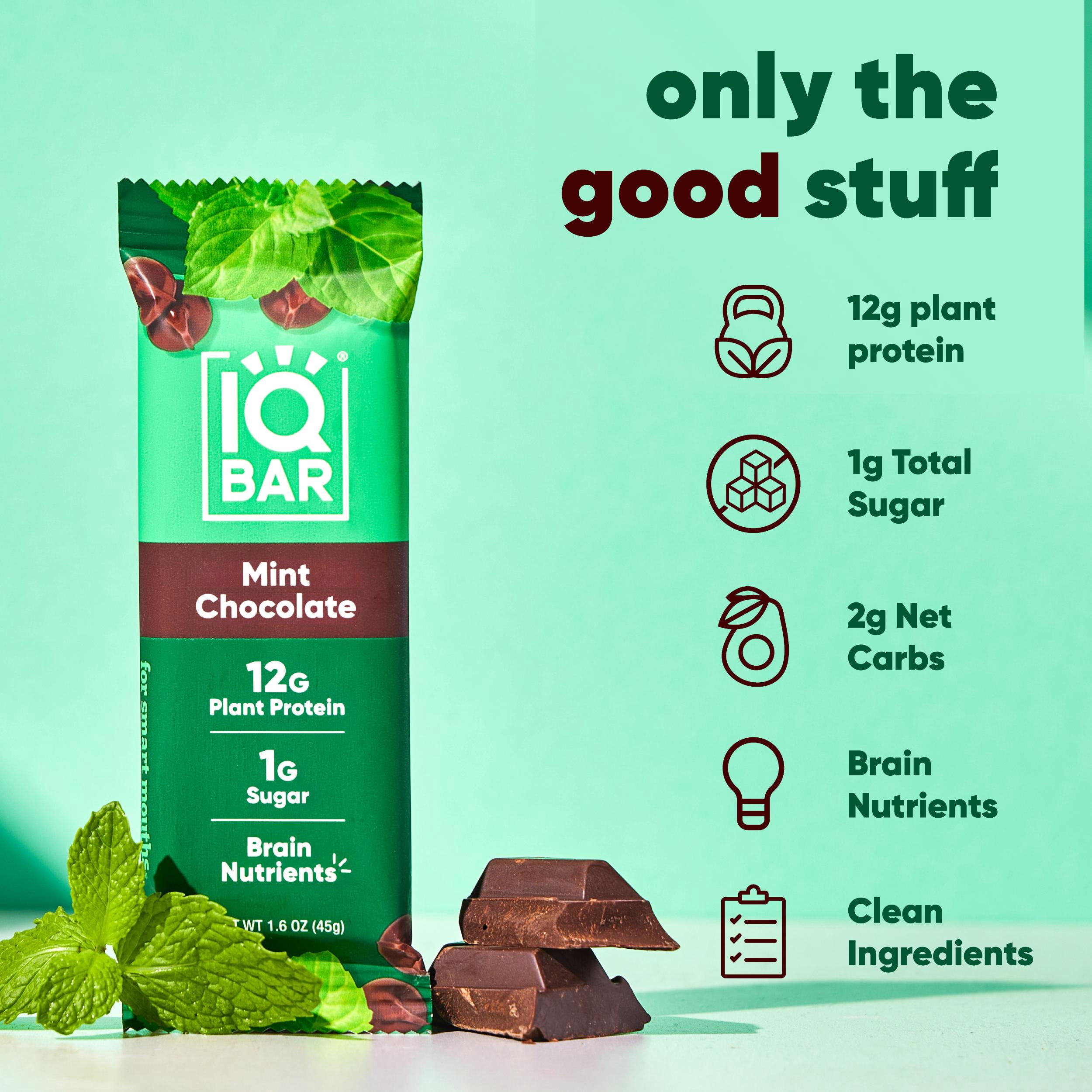 IQBAR Mint Chocolate Protein Bars - Vegan Energy Bars - High Fiber Vegan Snacks - 4 Count Box