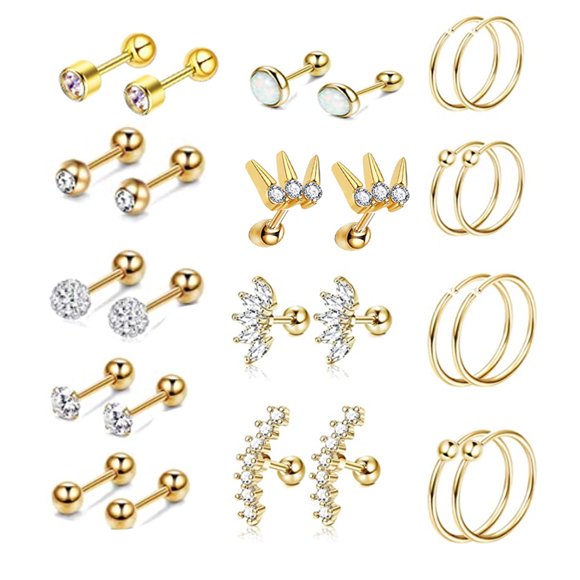 Fashion Crystal Cartilage Earring Set Stainless Steel Gold Color Ear Hoop Helix Tragus Ear Stud Set Women Earrings Jewelry Gift