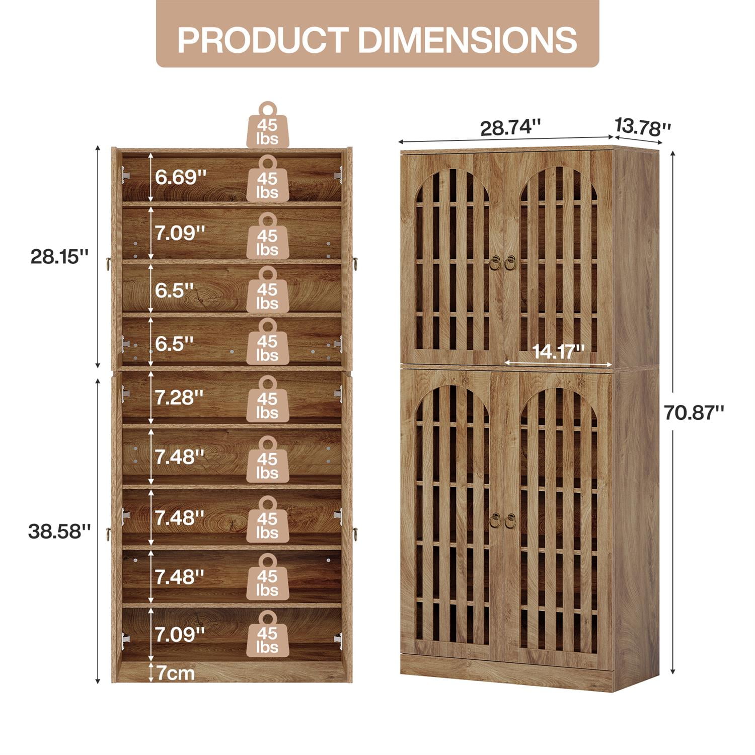 Demi Bonn 70" Rustic Wooden Cabinet, Modern Double Door Storage for Kitchen, Dining Room, Large Capacity, Space Saving, Brown