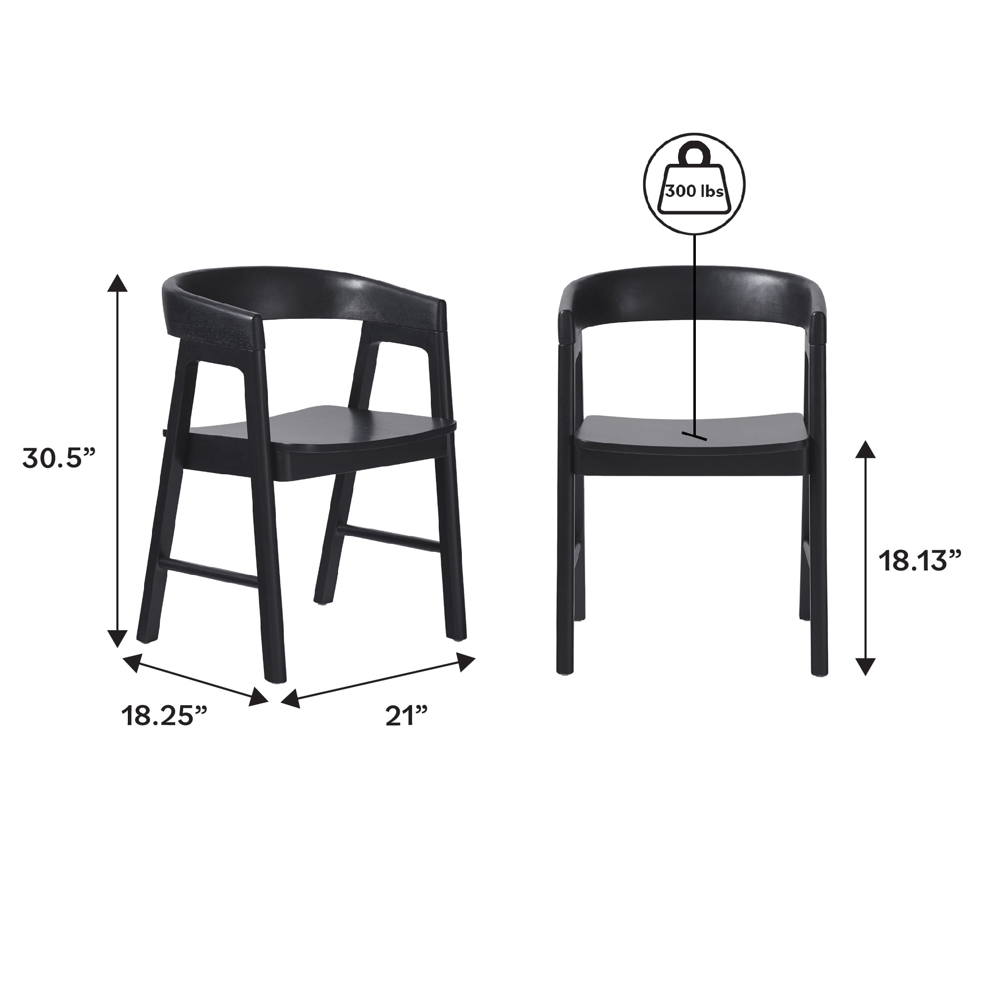Walker Edison Modern Solid Wood Rounded Back Dining Chair, Set of 2, Black