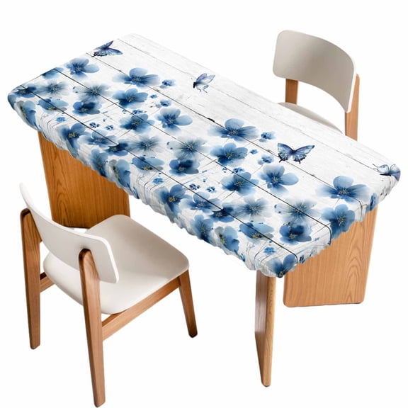 Navy Blue Floral Table Cloths for 5 Foot Rectangle Tables, Spring Flowers Butterflies Wooden Patio Waterproof Elastic Fitted Tablecloths, Washable Rectangular Table Cover for Camping
