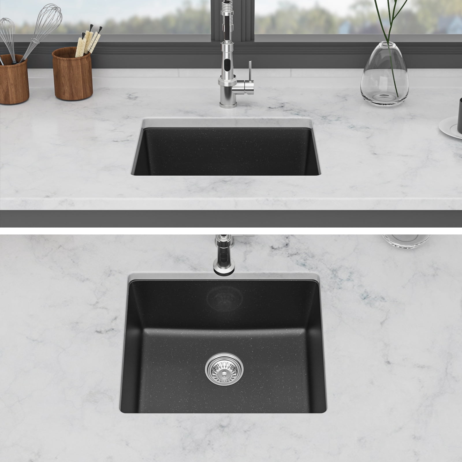 METAFLOWX Quartz Kitchen Sink - 21" x 18" x 9.65" Black Granite Composite Undermount Bar Sink