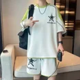 thumbnail image 3 of Conjunto de pantalones cortos para hombre, sudadera con estampado gráfico, chándal, camiseta para hombre, conjuntos cortos, blanco, dos piezas, estilo coreano 2024, elegante, XL, 3 of 5