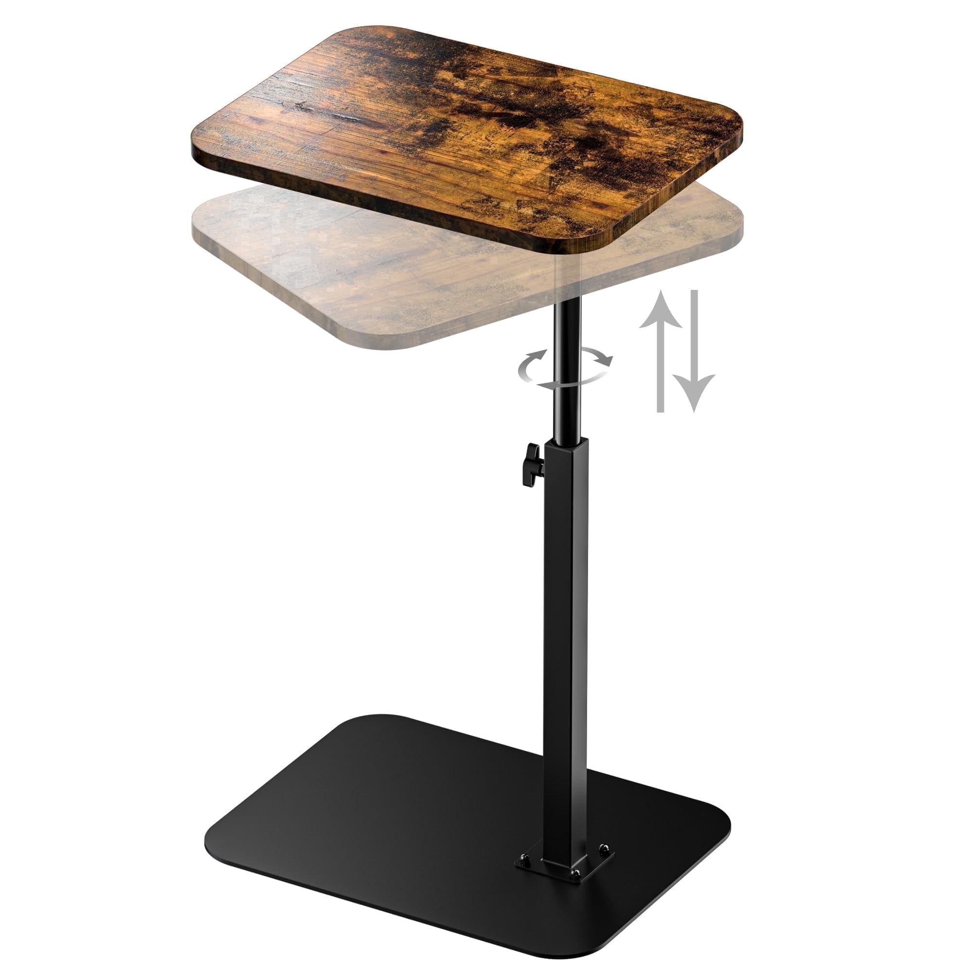 Adjustable Height C Shaped End Table, 360° Swivel Vintage Rustic Wood End Table, Includes Tablet Phone Slot Laptop Snack Side Table for Living Room Bedroom Small Space