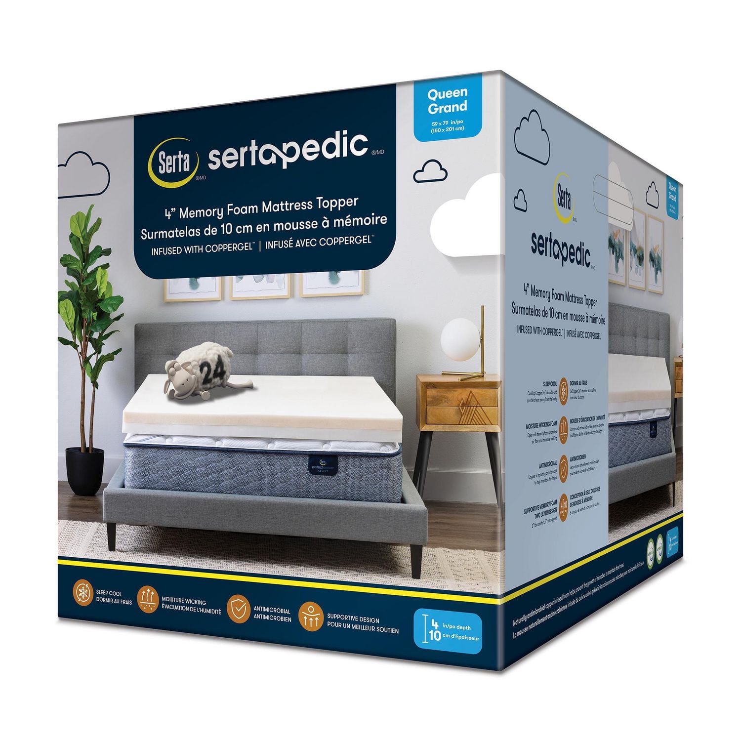 SERTAPEDIC Memory Foam Mattress Topper, Queen, Cooling COPPERGEL, 4 Inch, Off White, Memory Foam Mattress Topper, Queen, 4"