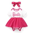 thumbnail image 1 of Barbie Barboteuse pour Bébés Filles Col Rond Imprimé Lettres Manches Courtes avec Bandeau Tailles 6-9M, 1 of 1