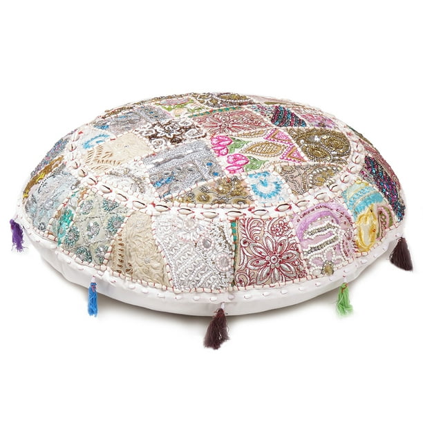 Oussum Round Floor Cushion Cover Cotton Bohemian Patchwork Floor Cushion Cover 22", White