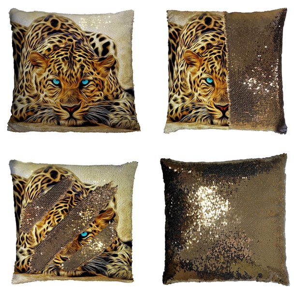 ABPHQTO Leopardo de efecto especial con auténticos ojos azules Estampado de animales salvajes Funda de almohada de lentejuelas de sirena reversible Funda de cojín para decoración del hogar 45x45 cm