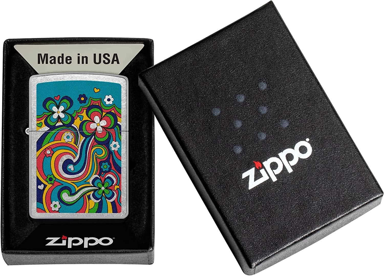 Zippo Lighter - Personalized Custom Message Engraved on Backside Blossoms Flower Power Design Windproof Lighter (Flower Power #48579)