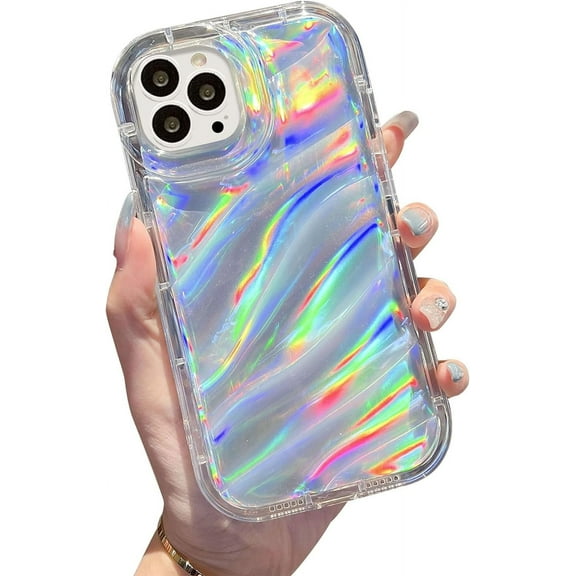 Compatible with iPhone 14 Pro Max Curly Wavy Case, 3D Water Ripple Pattern Glitter Bling Laser Soft Shockproof Cover for Women Girls 6.7 inch, Clear