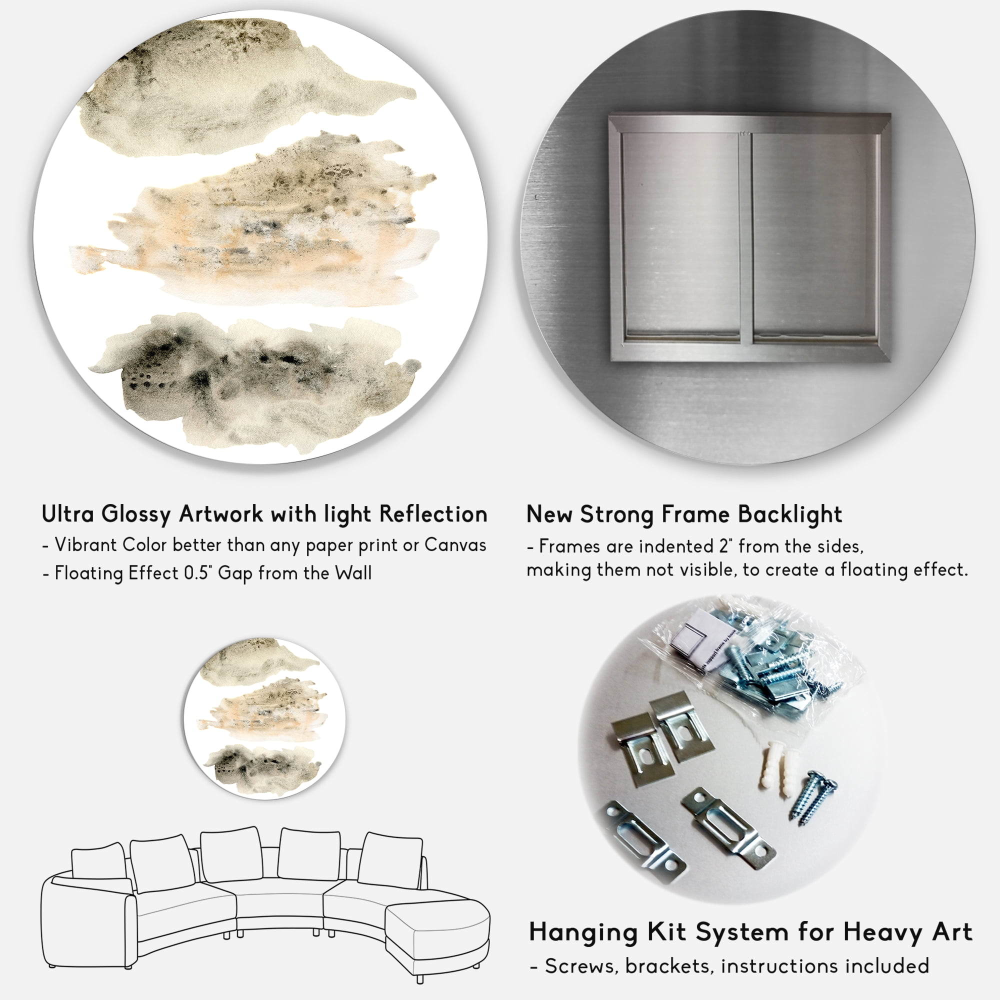 Designart 'Golden Beige and Grey Clouds I' Modern Circle Metal Wall Art 29x29 - Disc of 29
