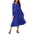 thumbnail image 4 of INSPIRE CHIC Women's Fall Long Sleeve Casual Loose Pleated Tiered Crewneck Swing Midi Dress with Pockets L Blue, 4 of 5