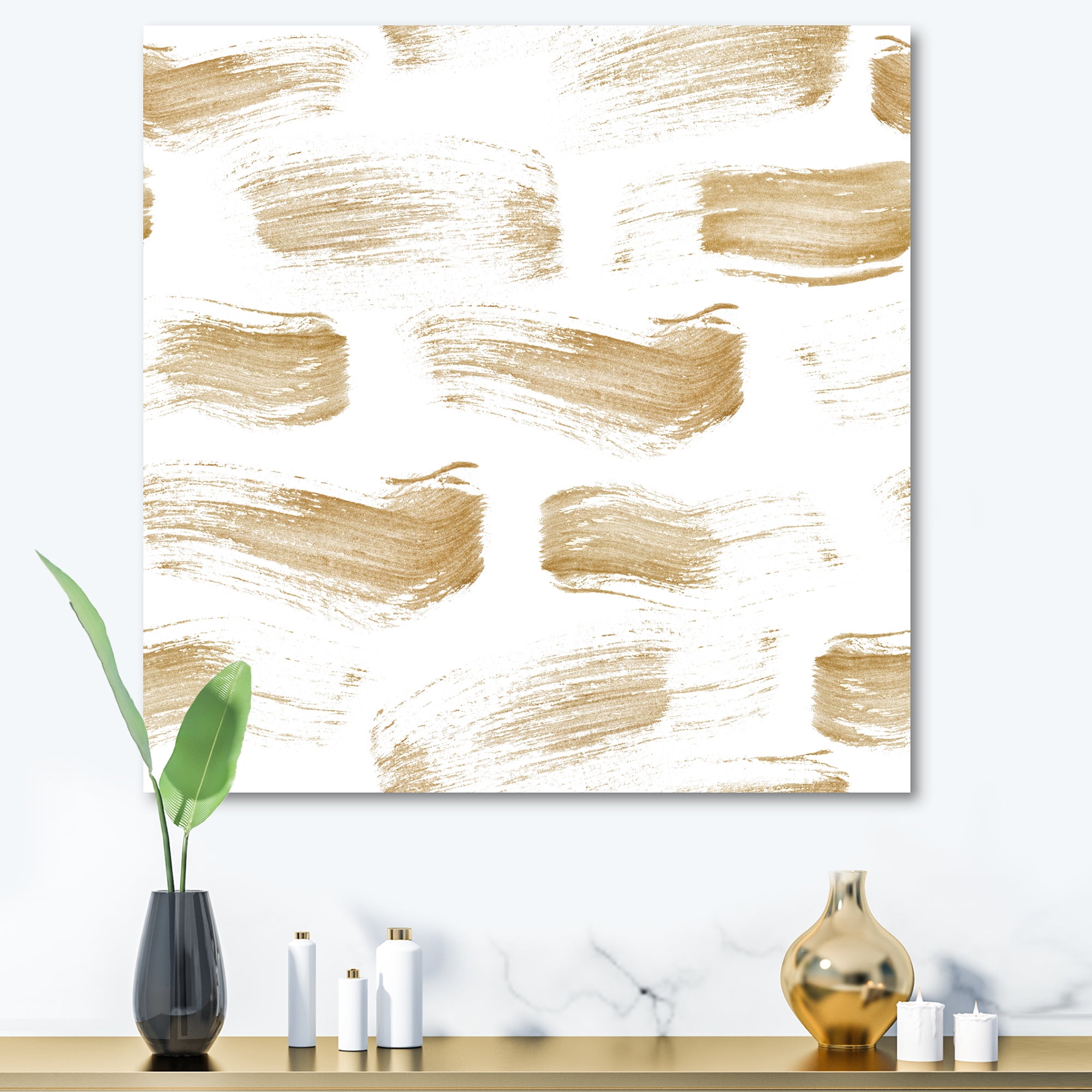 Designart ' Golden Abstract Brush Strokes ' Modern Canvas Wall Art Print