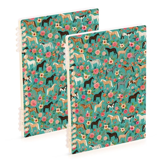 FORMRS 1-Subject Spiral Notebook 8" x 5" College Ruled 60 Refillable Sheet A5 Hard Cover, Green Floral Horses Pattern