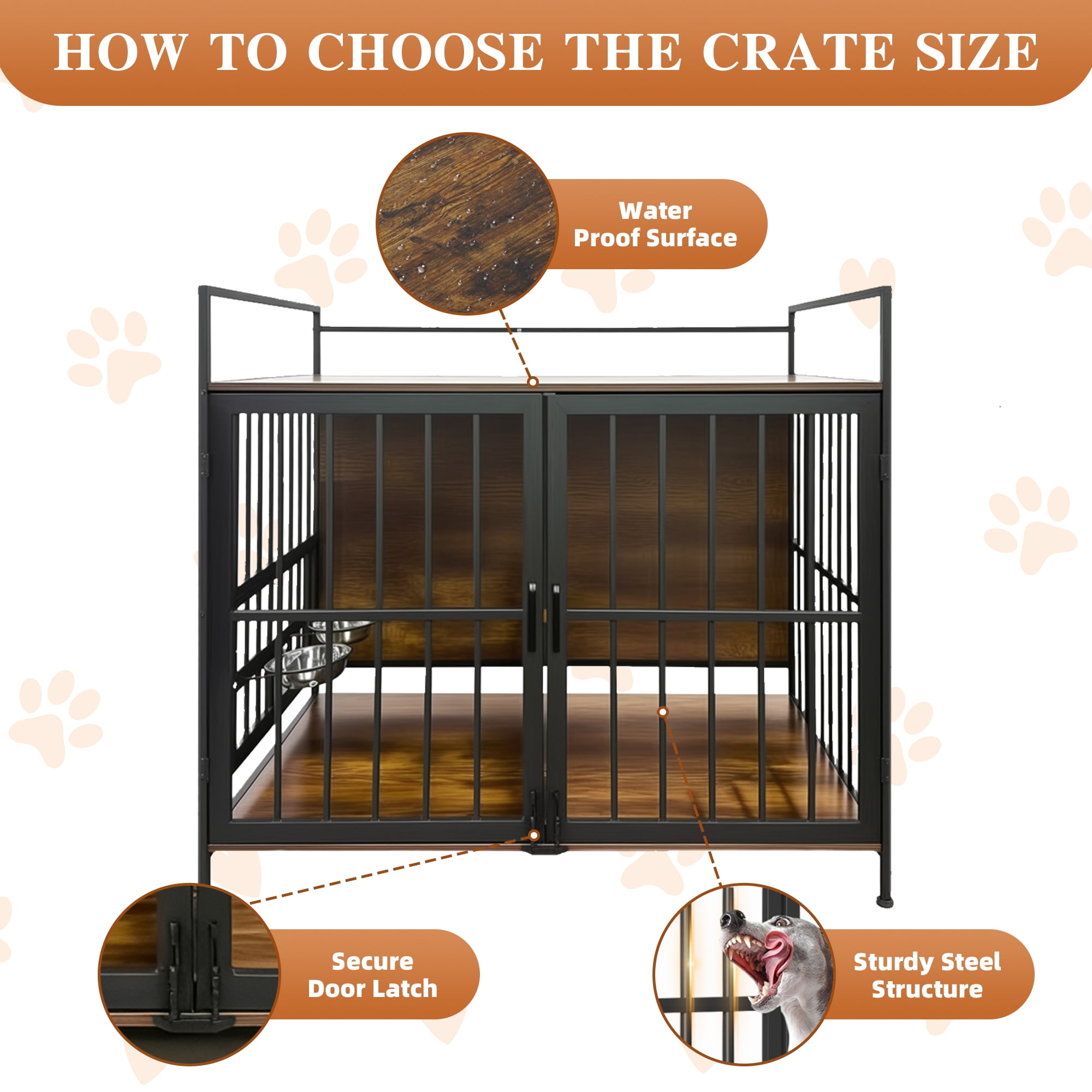 Nygira 41 Inch Dog Crate Furniture with 360° Rotatable Bowls, Wooden Kennel with Double Doors for Large Dogs, Indoor Pet House End Table, Rustic Brown