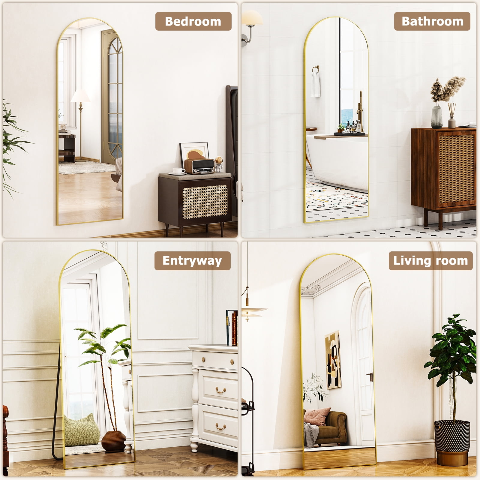 Anyrose 64"x21.3" Arched Full Length Floor Mirror Wall-Mounted Leaning Mirror, Gold