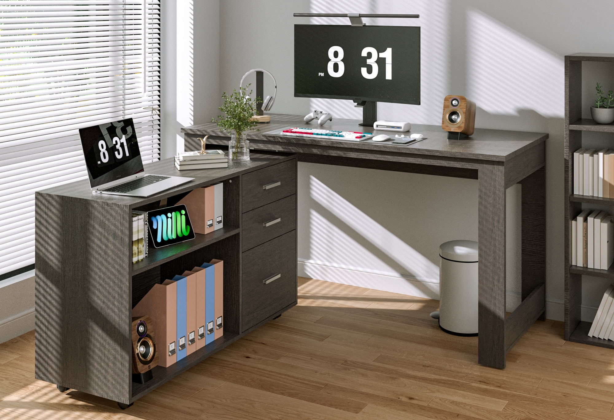 Tolead L-Shaped Lap Desks with Drawers and 2 Shelve, 55 inch Reversible Corner Computer Desks, Black