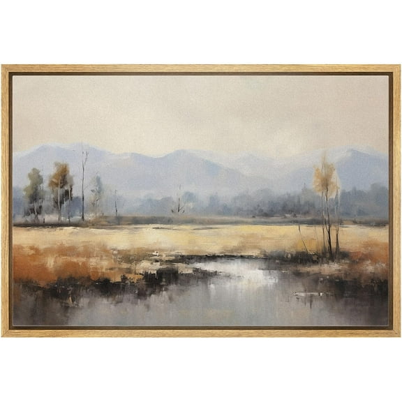 IDEA4WALL Framed Canvas Wall Art Pastoral Landscape Autumnal Meadow and Misty Mountains Illustrations Modern Digital Art Wall Decoration Colorful for Living Room, Bedroom, Office - 16"x24" Natural