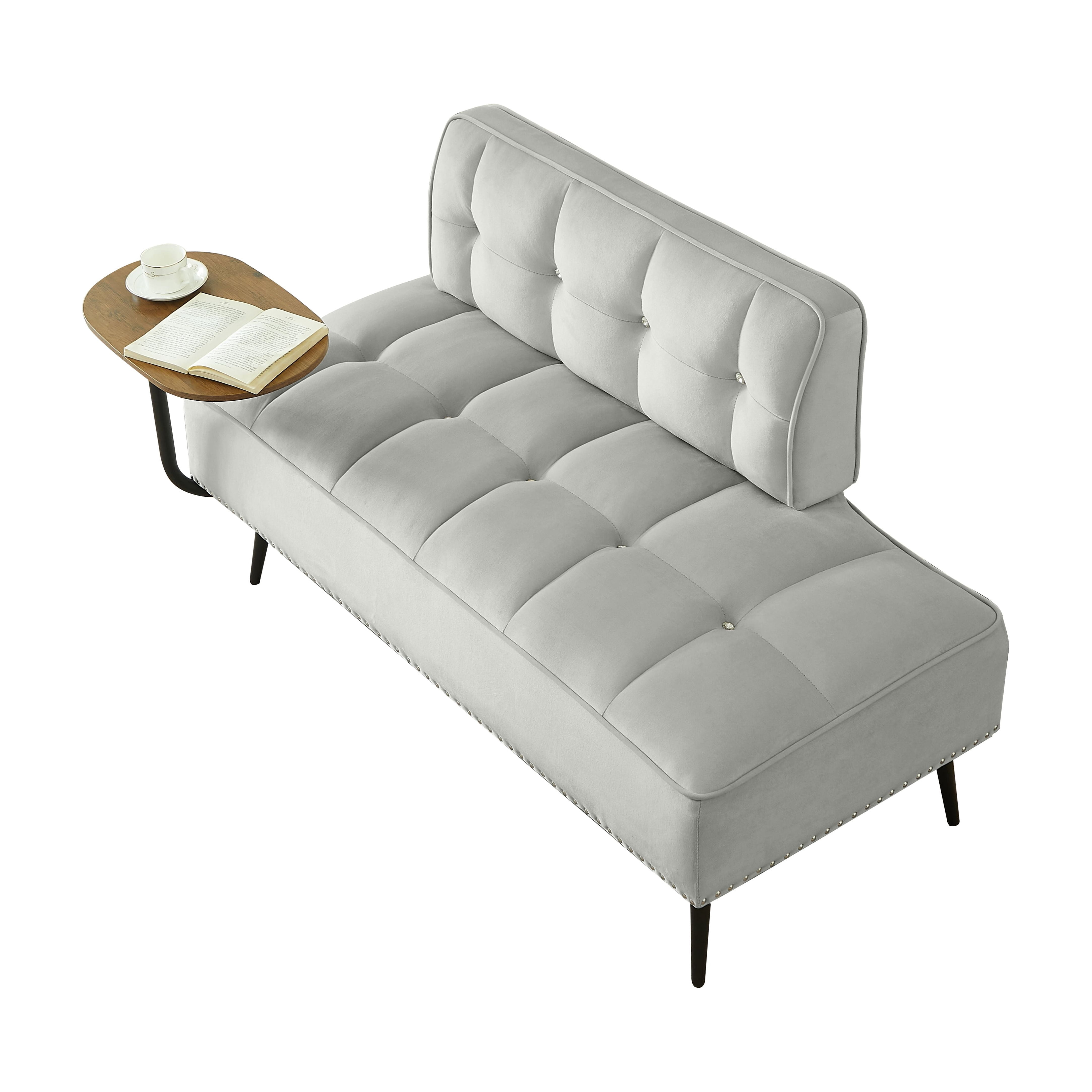 Modern Two-Seater Velvet Sofa with 360° Rotating Side Table, Entryway Ottoman Bench with Backrest for Living Room, Bedroom, Apartment, Space Saver, Gray