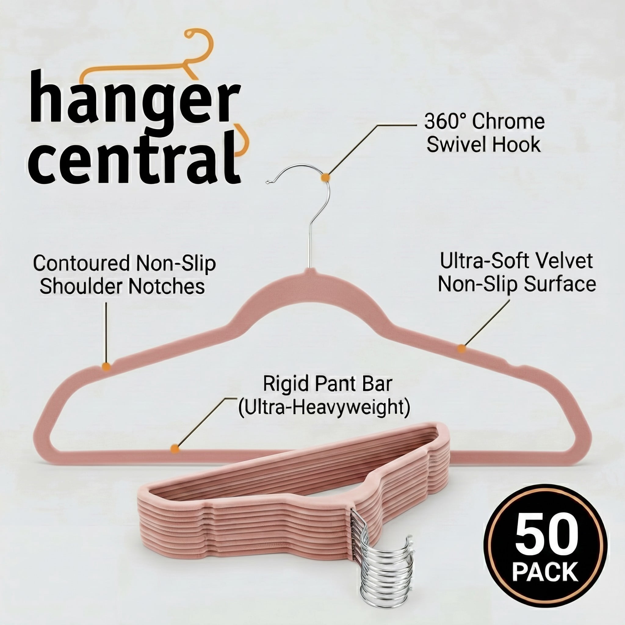 Hanger Central 50 Pack Space Saving Pink Velvet Non-Slip Hangers with Swivel Hook