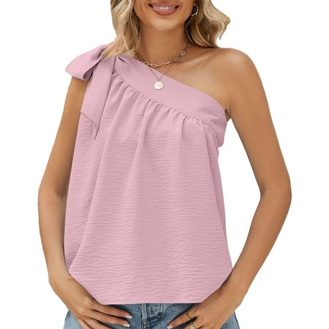 Top sin mangas con pajarita, un solo hombro, corte holgado, camiseta informal rosa para mujer, talla S Summer Chic