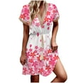 thumbnail image 2 of RYDCOT Summer Dresses for Women 2024 Short Sleeve Vacation Beach Crochet Lace V-Neck Sundresses Casual Floral Tropical Print Tie Dress Clearance Hot Pink, 2 of 9