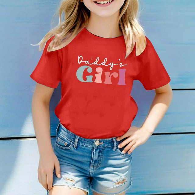 Girls Tops - Casual Letter Pattern Print Multicolor Round Neck Short Sleeves for Kids