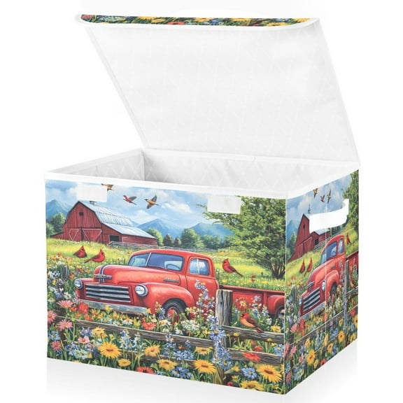 Ryvnso Cardinal Bird Truck Farm Large Lidded Foldable Storage Baskets Cubes Boxes Lids Bin for Home
