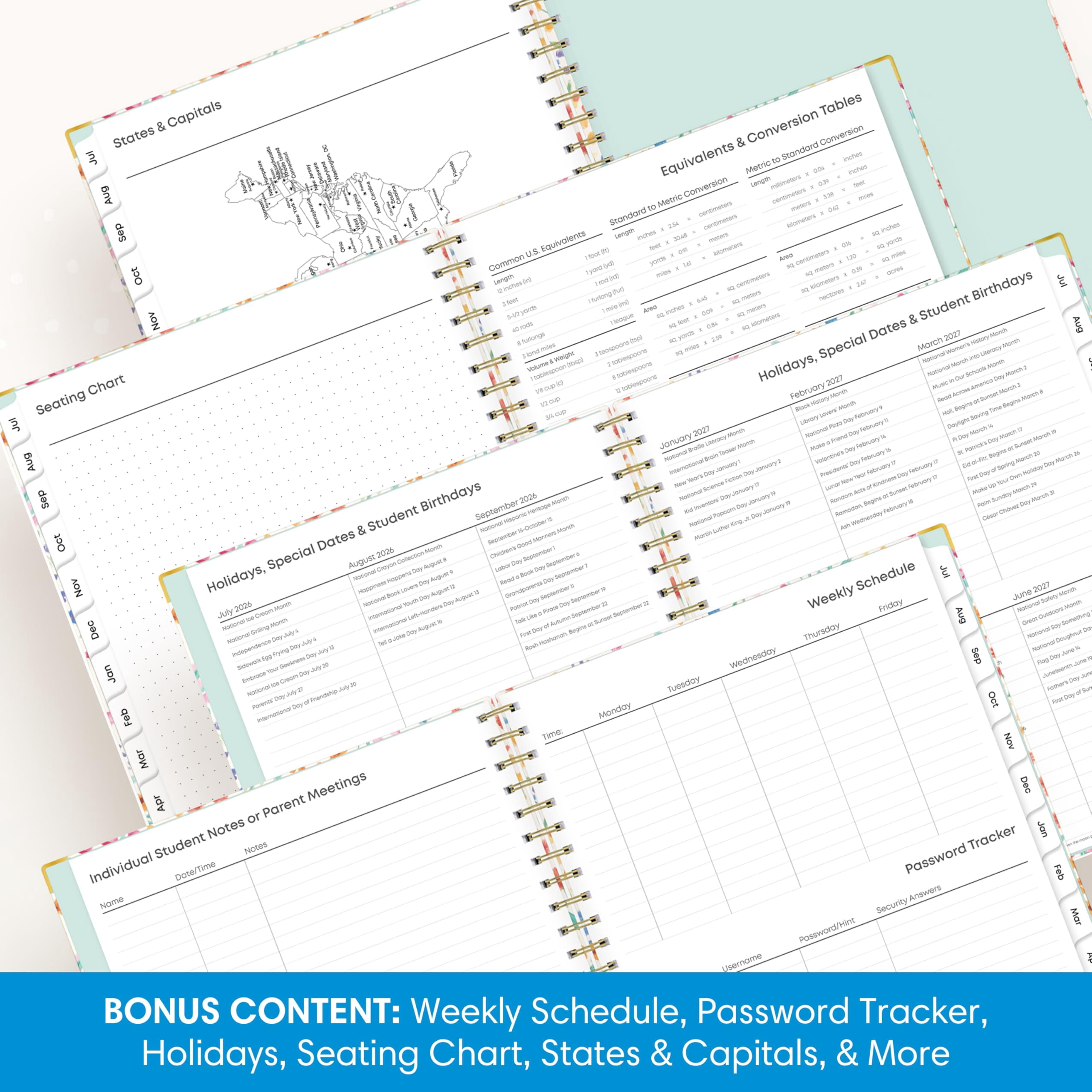 Blue Sky 2026-2027 Weekly and Monthly Academic Year Teacher Lesson Planner Calendar With Clipboard, July 2026 - June 2027, 8.5" x 11", Hard Cover, Wirebound, Laminated Tabs, Miah