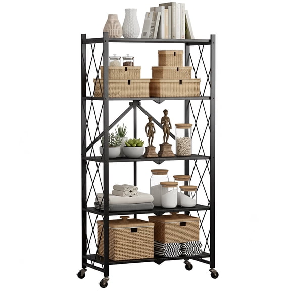 5 Tier Foldable Storage Shelves with Wheels, Large Capacity Shelving Unit, Freestanding Metal Wire Shelf Rack, No Assembly Organizer Rack for Garage Kitchen, Basement, Pantry(Black)