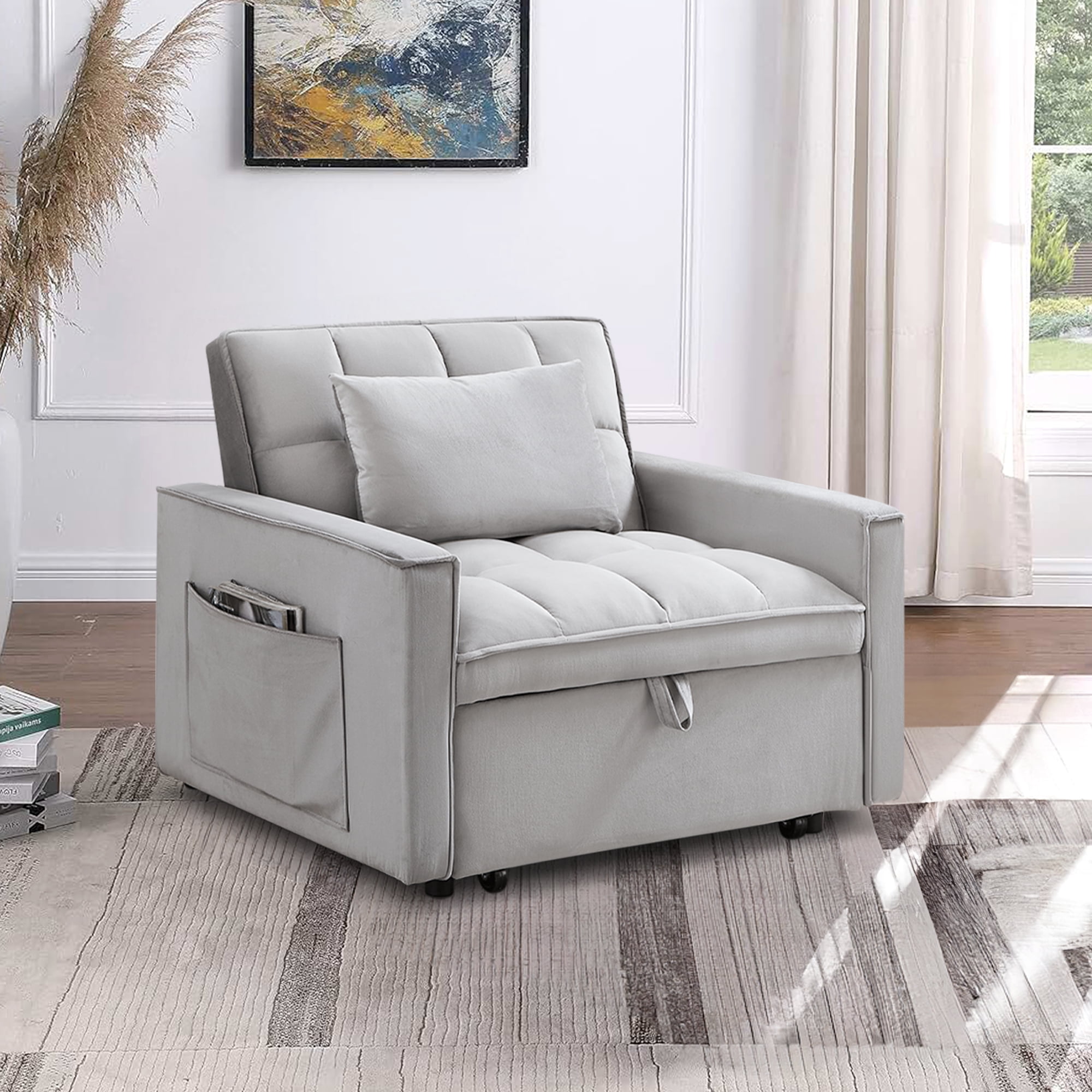 Lunale 3-in-1 Convertible Sleeper Sofa Chair Bed, Lounge Chair Indoor, Modern Single Couch for Living Room, Small Spaces, Gray Velvet