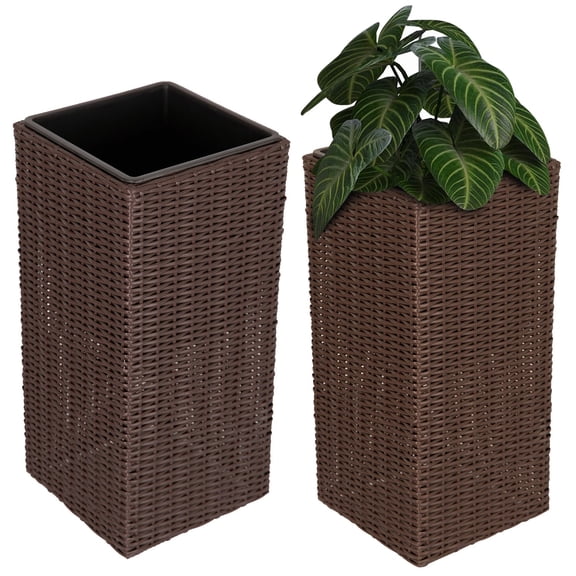 Set of 2 Large 24-Inch Outdoor Planters, Brown Tall Plastic Flower Pots with Drainage Holes, Modern Tapered Garden Planter for Porch Patio Balcony Backyard