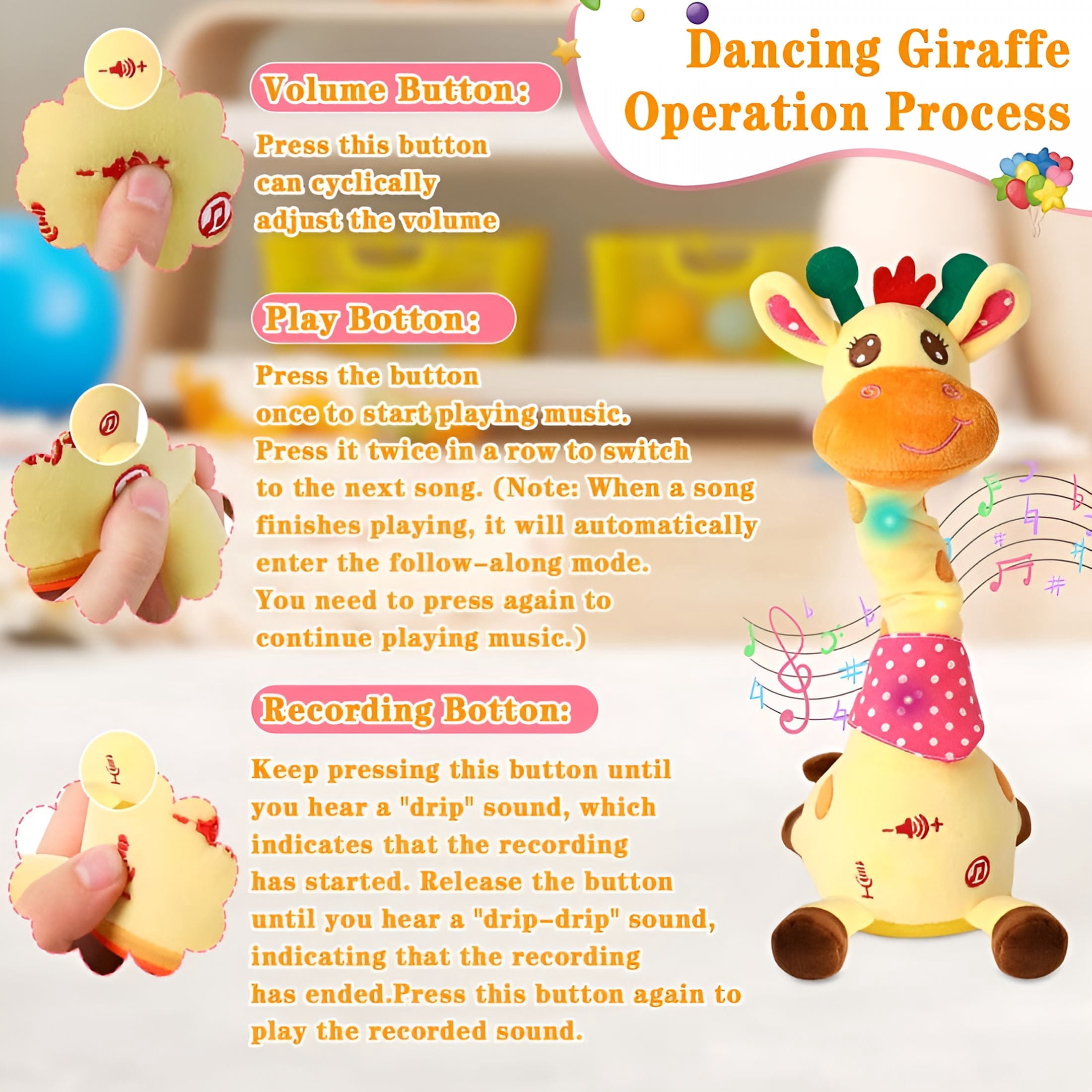 BESTSKY 2026 New Giraffe Stuffed Animal Baby Toys – Musical Plush,Adjustable Volume,15S Recording,Fits Indoor/Outdoor for Nursery,Bedroom,Playroom,Stroller Cute Gift(1Pc)