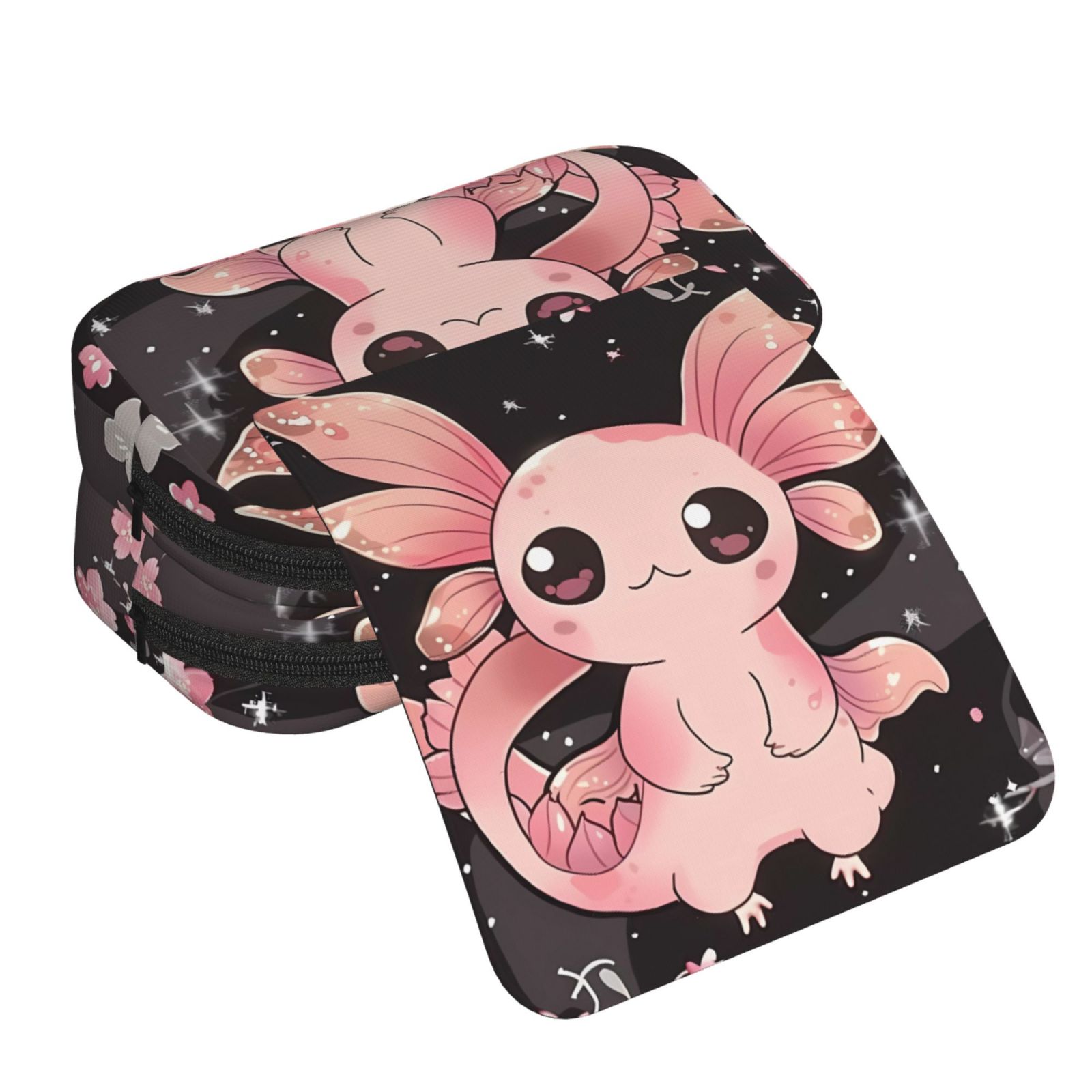 Rateoe Cute Axolotl Sakura Blossoms B Pattern Double Clamshell Pen Case, Storage Organizer with Two Zipper Compartments– Holds Up to 50 Pencils & Pens