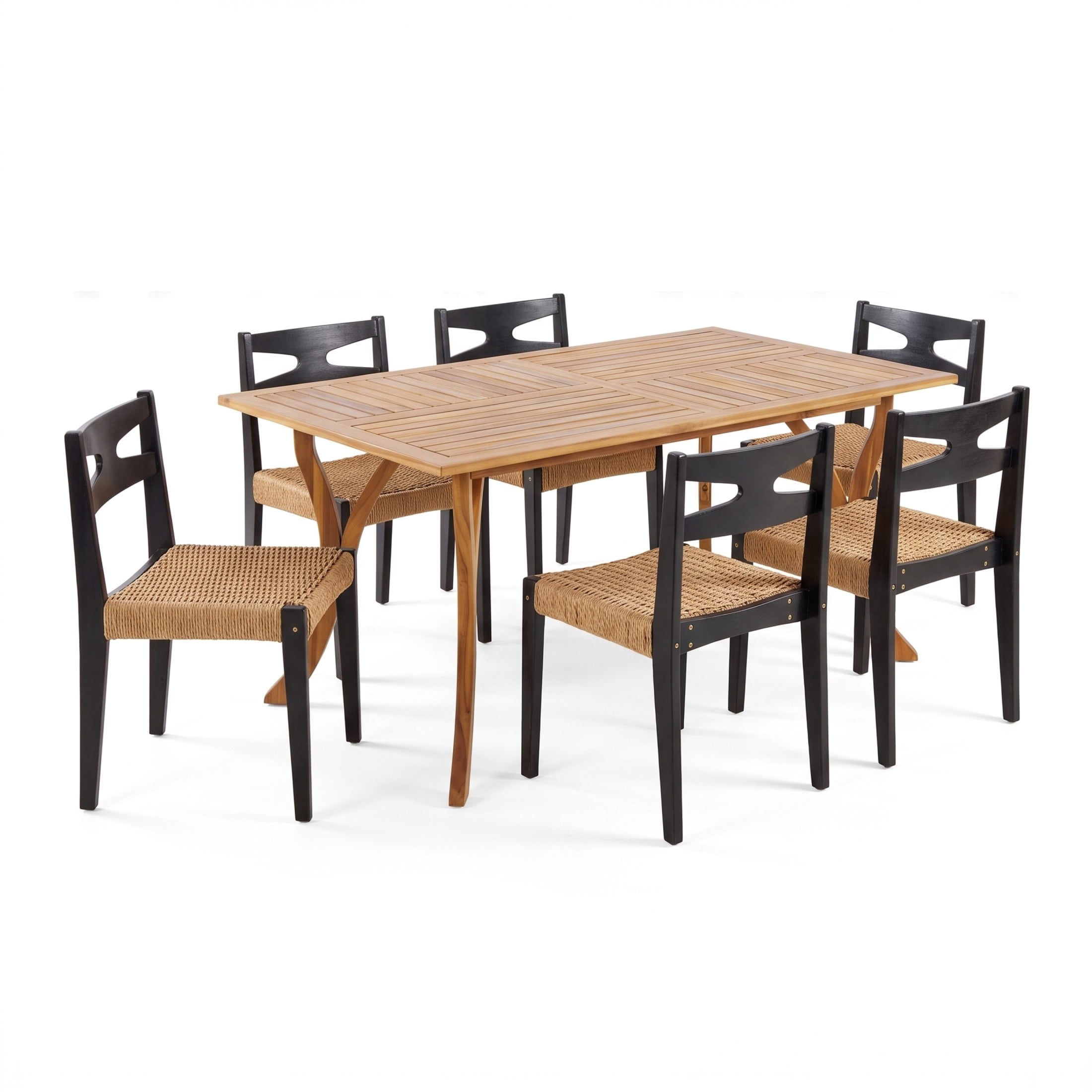 Christopher Knight Home 7-Piece Acacia Wood Outdoor Dining Set with Rectangular Table, Teak+Black