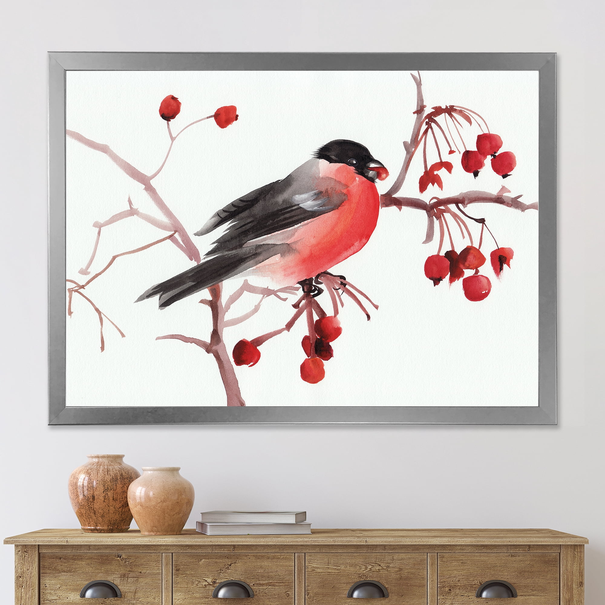 Designart 'Bullfinch Bird Sitting On A Branch' Traditional Framed Art Print