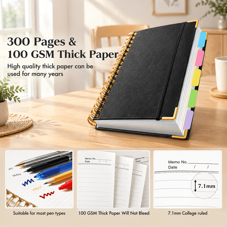 Sujce Notebook Black A5 Hardcover Leather 5 Subject College Ruled Spiral Notebook ...