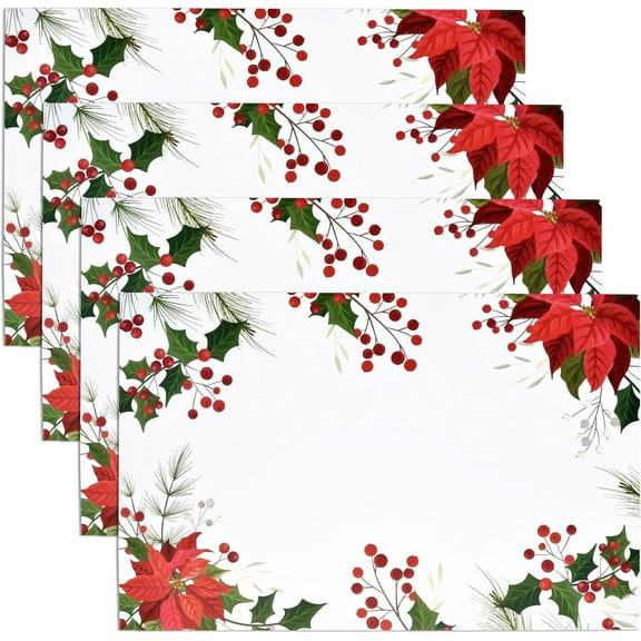 4 Sheets Christmas Placemats Set - 12 x 18 Inch  Placemats Christmas Poinsettia Flower Table Mats for Dining Table Setting Holiday Party Supplies