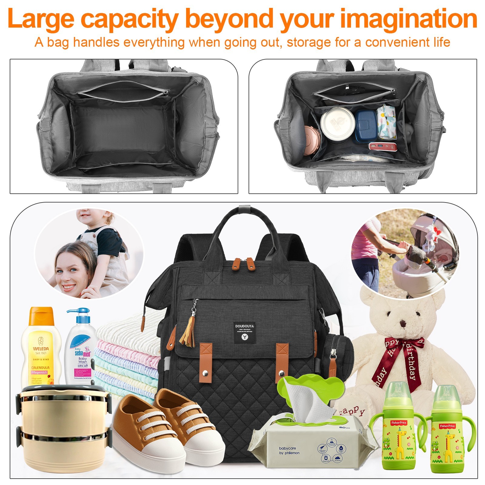 TOPCHANCES Diaper Bag Backpack, Multifunctional Baby Bag with Changing Station, 45L Large Capacity Baby Diaper Bags for Outdoor Travel (Black)