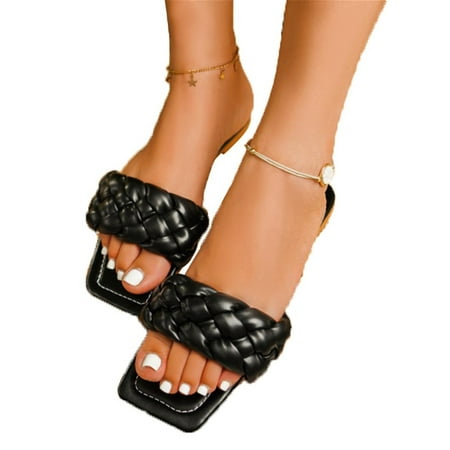 

ANYSENSEPS Women Solid Open Square Toe Slippers Summer Casual Flat Slides Sandals Shoes