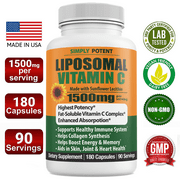 Simply Potent's Liposomal Vitamin C 1500mg 180 Capsules for Immune Support, Collagen, Heart & Brain Health, High Dose Enhanced Absorption Fat Soluble Vitamin C