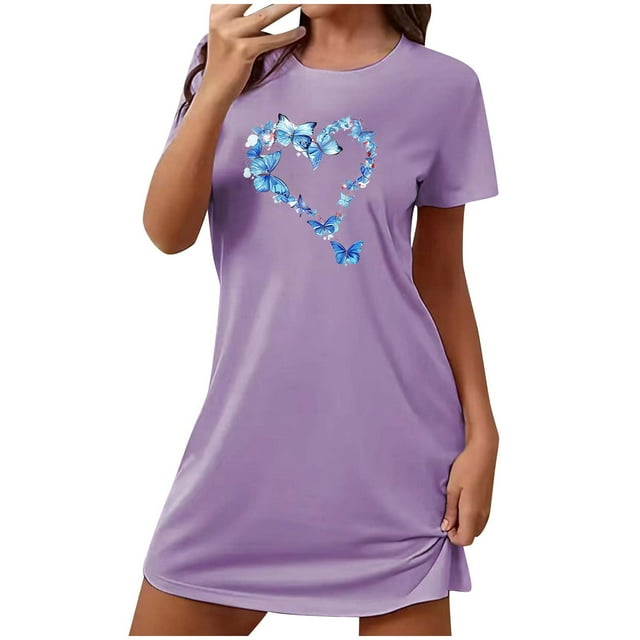 Mrat Jupe de Pyjama Soyeuse pour Femmes Chemise de Nuit Courte Surdimensionnée pour Femmes Mode Imprimé Poitrine Robe de Nuit à Manches Courtes P-91 Violet G