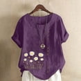 thumbnail image 2 of Cmfcve Women's Graphic Tops Short Sleeve Round Neck Cotton Linen Tee Shirt Daisy Printed Henley Blouse, 2 of 5
