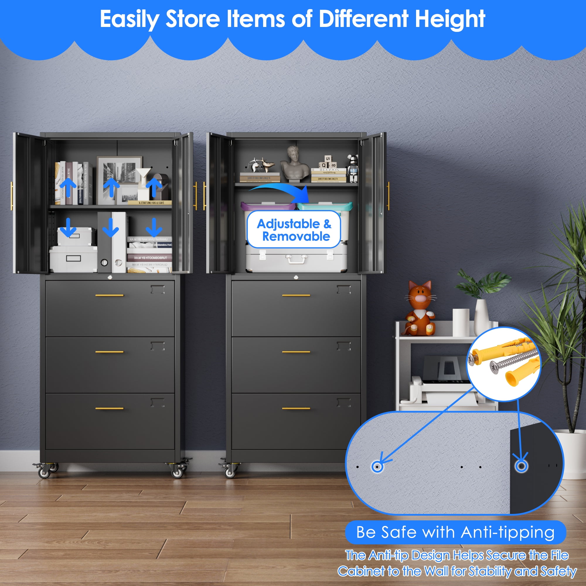 Gangmei 3 Drawer Metal Lateral File Cabinet with Lock & Wheels, Large Capacity File Storage Cabinet for Letter/Legal A4 Size, Wide File Cabinet for Office Home, Assembly Required