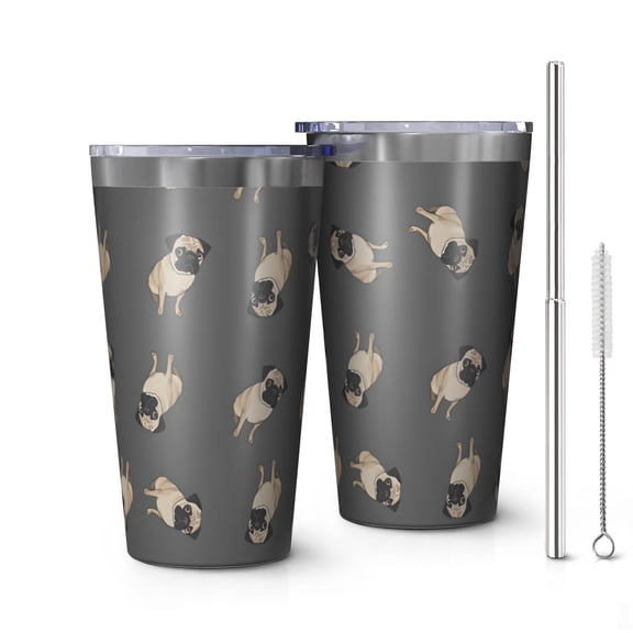 16oz Tumblers Cute Pug Puppies Stainless Steel Vacuum Insulated Double Wall Travel Tumbler Cups Mug with Lid and Straw,Cleaning Brush for Coffee,Tea