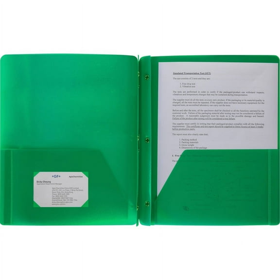 Business Source Letter Portfolio - 8 1/2" x 11" - 50 Sheet Capacity - 3 x Prong Fastener(s) - 2 Pocket(s) - Poly - Green - 1 Each | Bundle of 2 Each