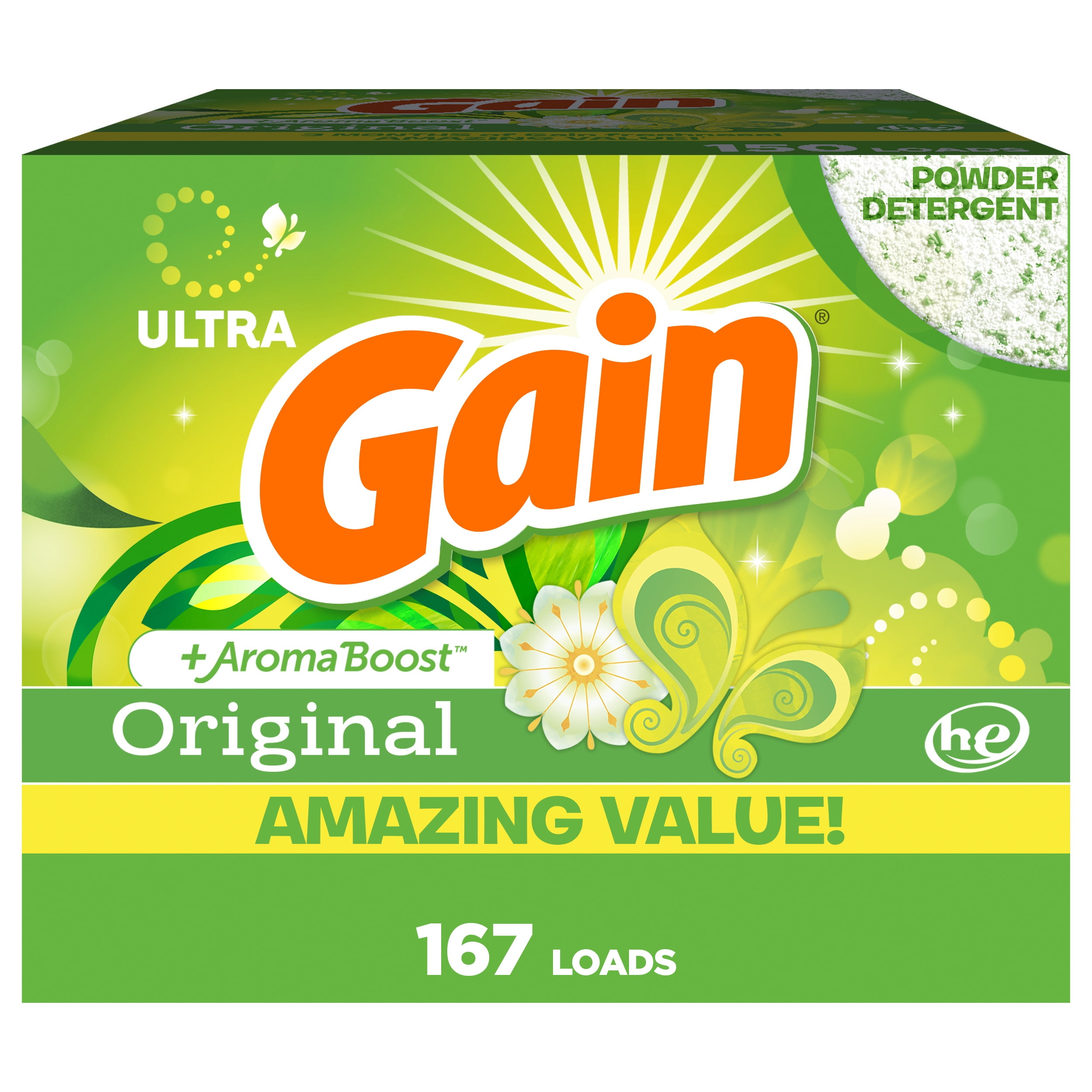 (3 pack) Gain Powder Laundry Detergent, Original Scent, 172 oz, 167 Loads